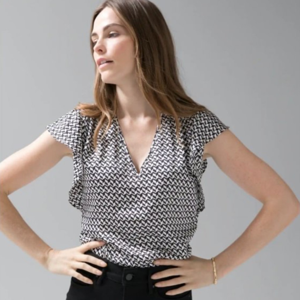 Whbm Black White Chevron V Neck Top Flutter Blouse Sleeve L Large $89 Euc Kl